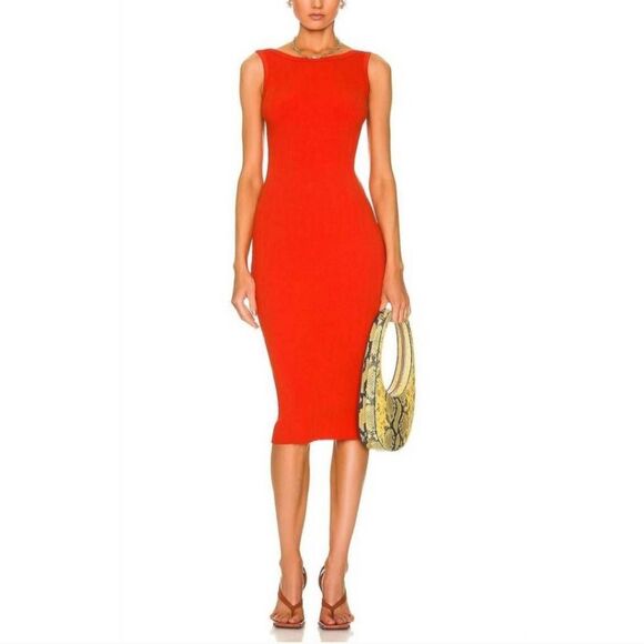 Enza Costa Compact Cotton‎ Scoop Back Midi Dress Sz XS Sunset Orange Ribbed - Picture 1 of 13